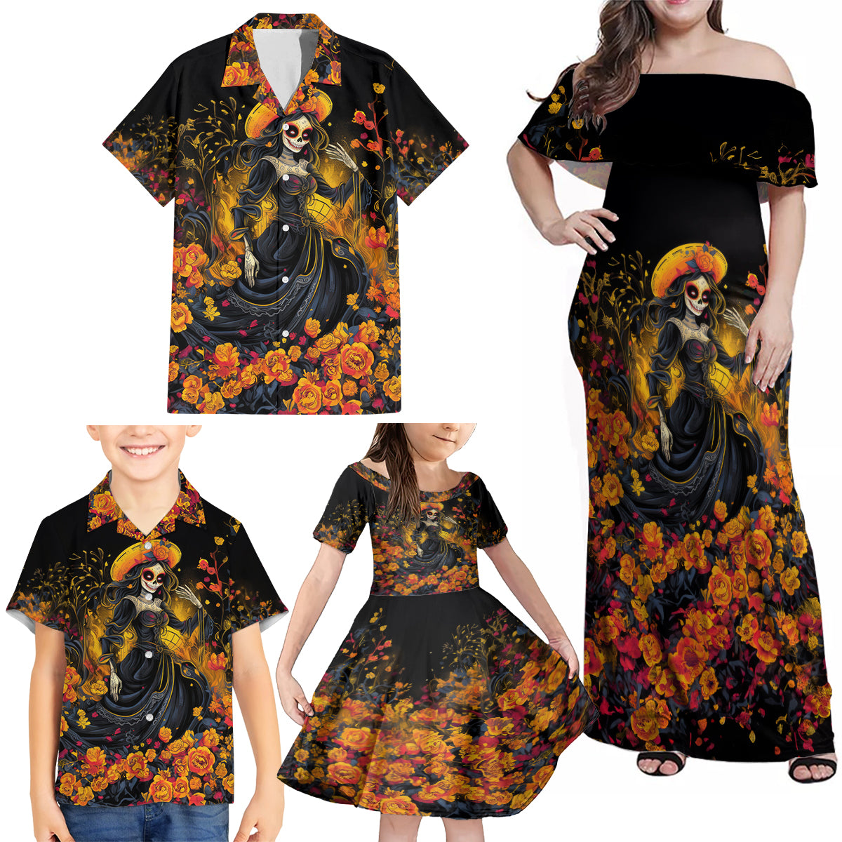 Day of Dead Lady Family Matching Off Shoulder Maxi Dress and Hawaiian Shirt Sugar Skull Field Marigold Lady - Wonder Print Shop