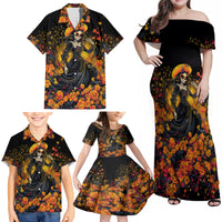 Day of Dead Lady Family Matching Off Shoulder Maxi Dress and Hawaiian Shirt Sugar Skull Field Marigold Lady - Wonder Print Shop