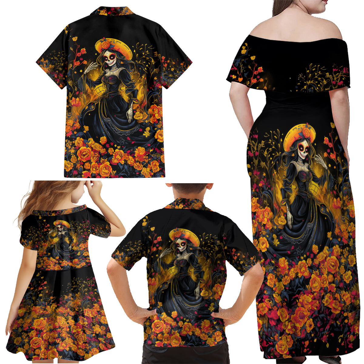 Day of Dead Lady Family Matching Off Shoulder Maxi Dress and Hawaiian Shirt Sugar Skull Field Marigold Lady - Wonder Print Shop