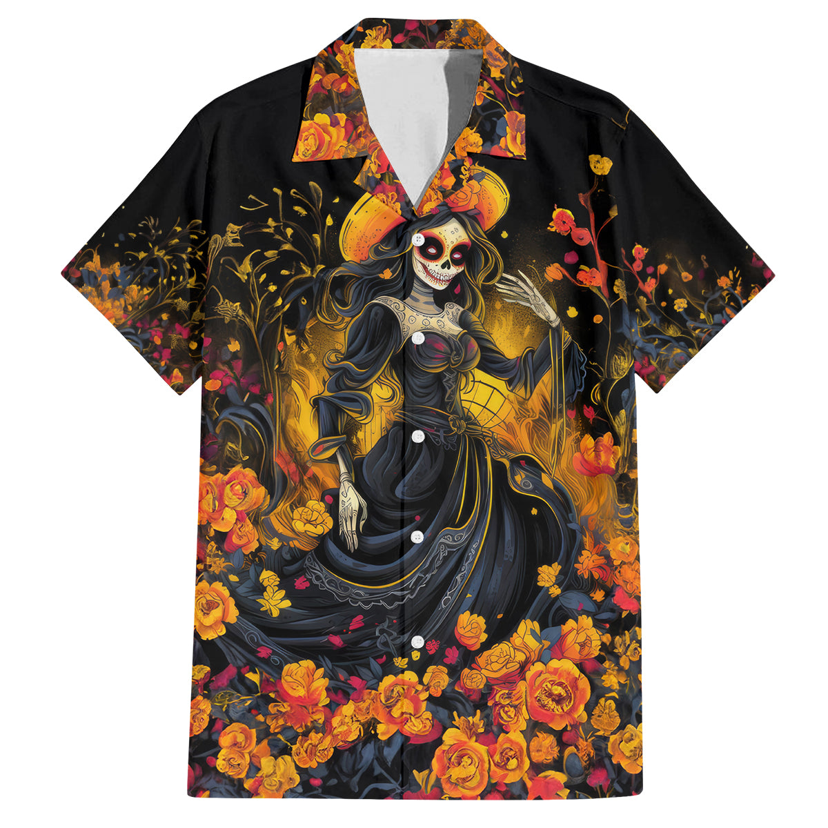 Day of Dead Lady Family Matching Off Shoulder Maxi Dress and Hawaiian Shirt Sugar Skull Field Marigold Lady - Wonder Print Shop