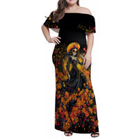 Day of Dead Lady Family Matching Off Shoulder Maxi Dress and Hawaiian Shirt Sugar Skull Field Marigold Lady - Wonder Print Shop