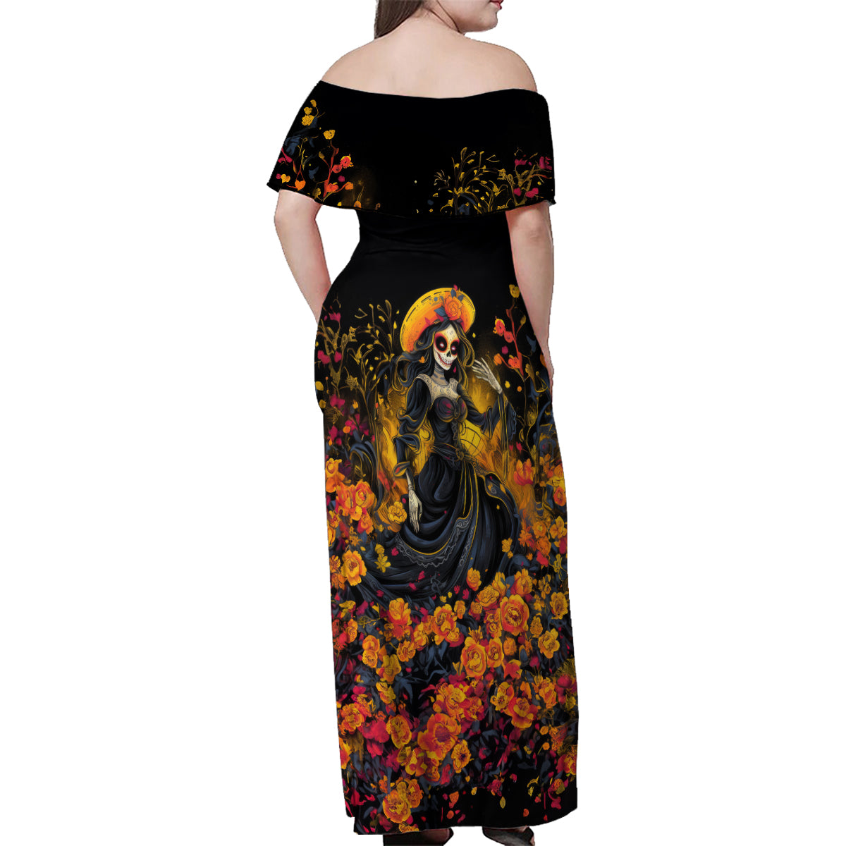 Day of Dead Lady Family Matching Off Shoulder Maxi Dress and Hawaiian Shirt Sugar Skull Field Marigold Lady - Wonder Print Shop
