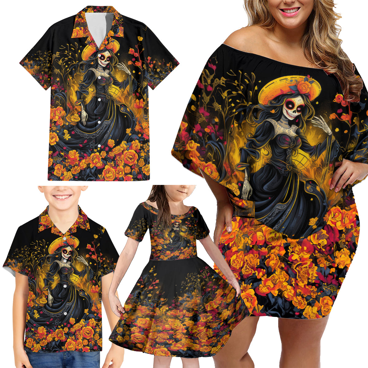 Day of Dead Lady Family Matching Off Shoulder Short Dress and Hawaiian Shirt Sugar Skull Field Marigold Lady - Wonder Print Shop