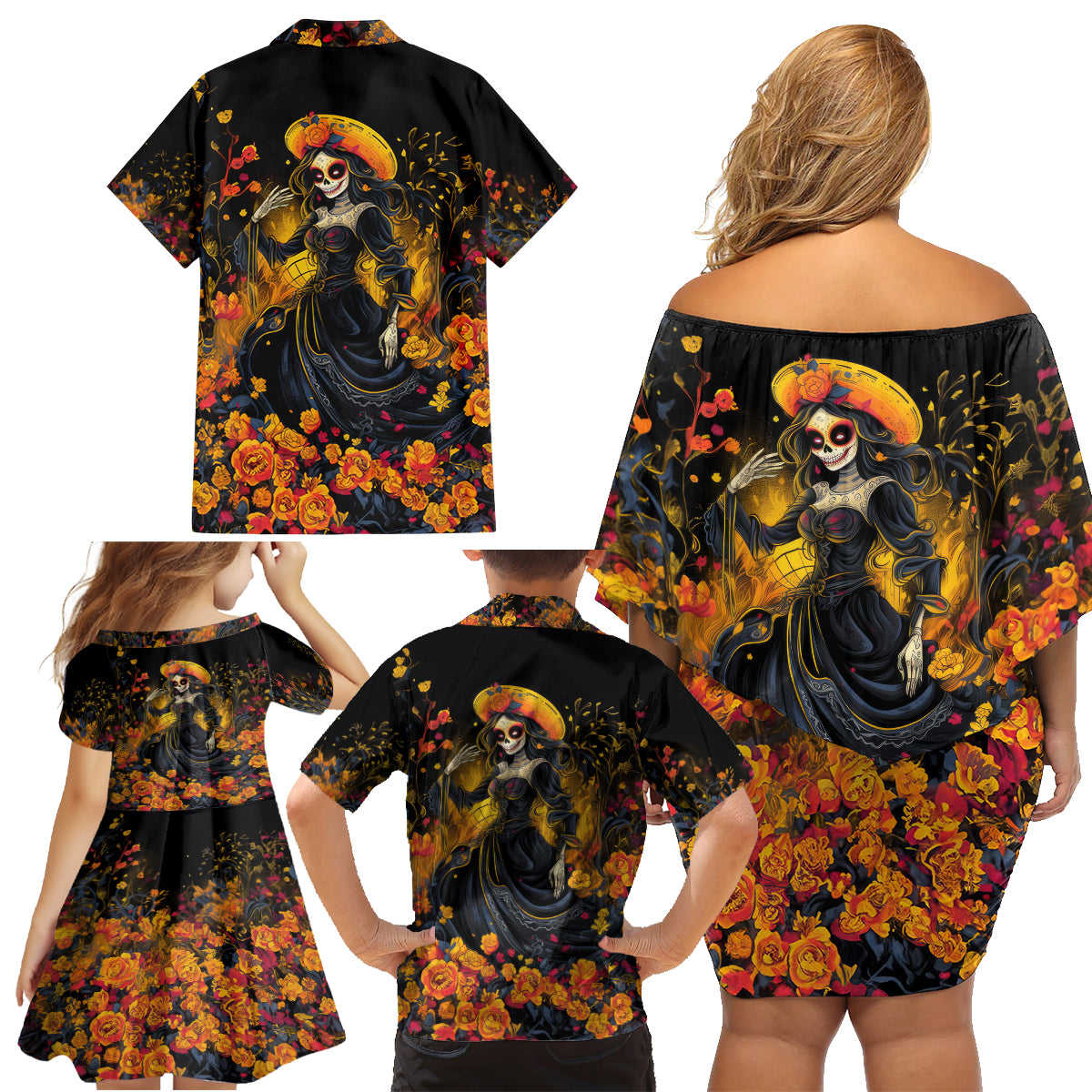 Day of Dead Lady Family Matching Off Shoulder Short Dress and Hawaiian Shirt Sugar Skull Field Marigold Lady - Wonder Print Shop