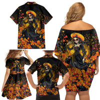 Day of Dead Lady Family Matching Off Shoulder Short Dress and Hawaiian Shirt Sugar Skull Field Marigold Lady - Wonder Print Shop