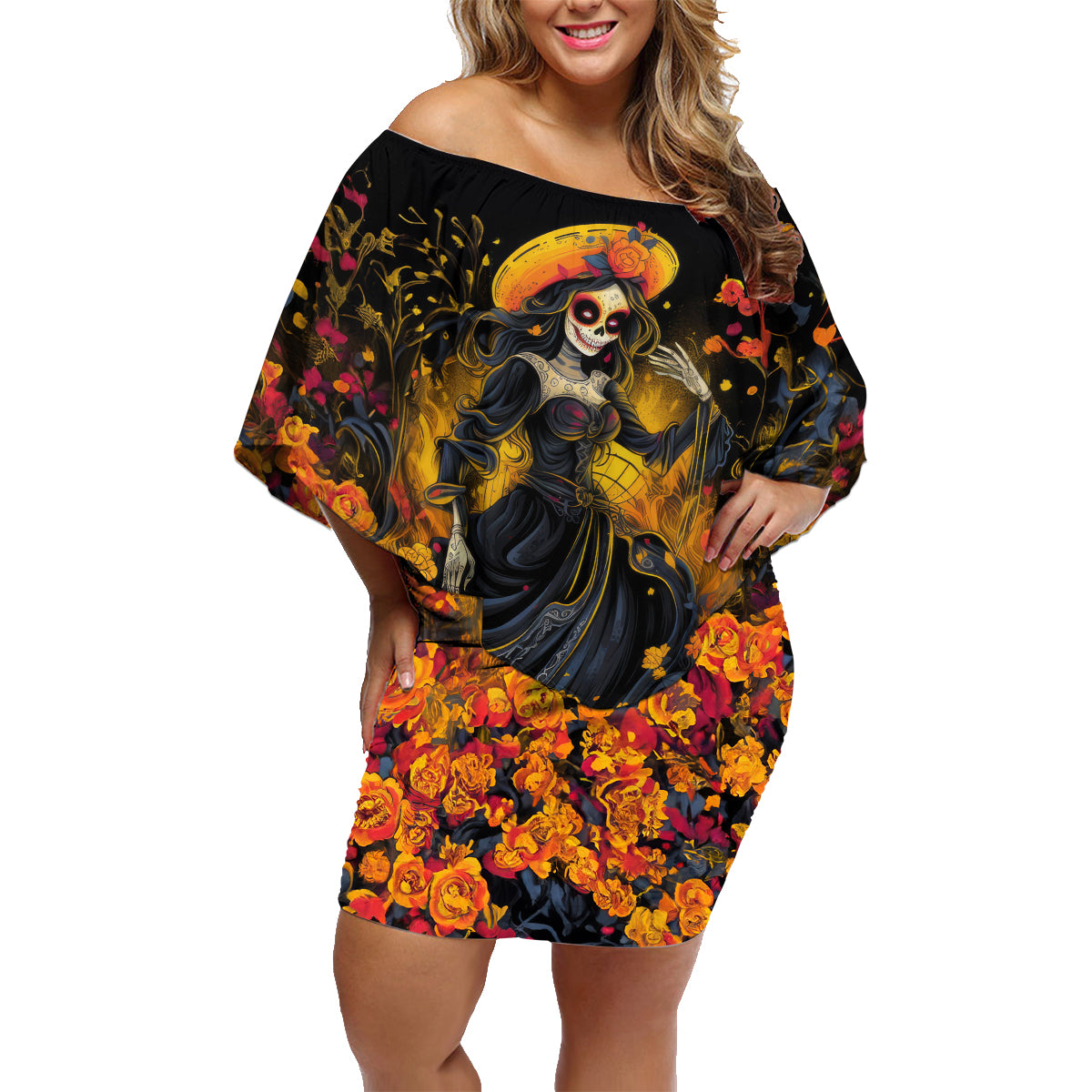 Day of Dead Lady Family Matching Off Shoulder Short Dress and Hawaiian Shirt Sugar Skull Field Marigold Lady - Wonder Print Shop