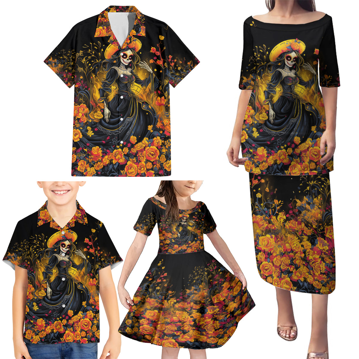 Day of Dead Lady Family Matching Puletasi Dress and Hawaiian Shirt Sugar Skull Field Marigold Lady - Wonder Print Shop