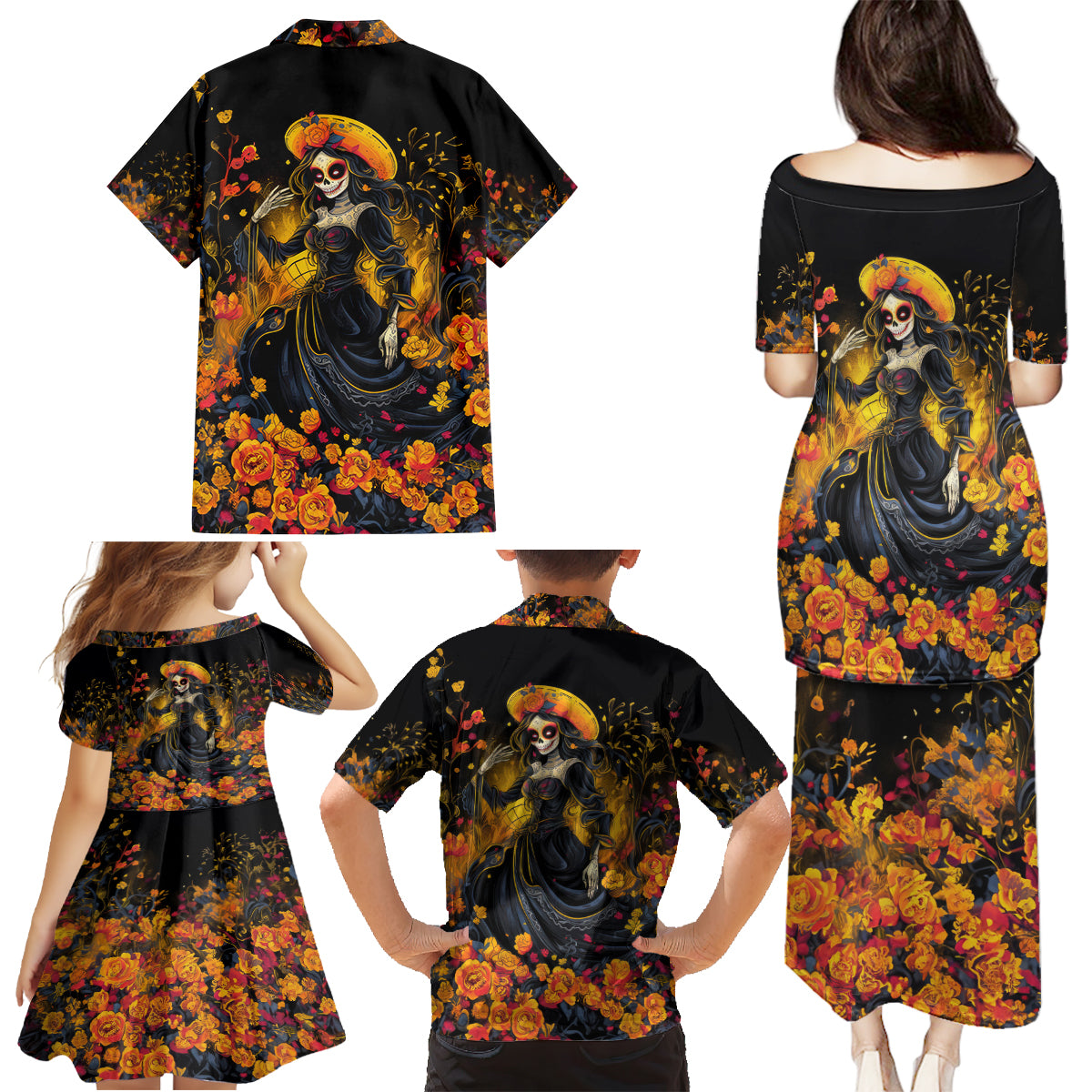 Day of Dead Lady Family Matching Puletasi Dress and Hawaiian Shirt Sugar Skull Field Marigold Lady - Wonder Print Shop
