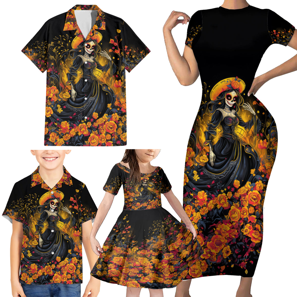 Day of Dead Lady Family Matching Short Sleeve Bodycon Dress and Hawaiian Shirt Sugar Skull Field Marigold Lady - Wonder Print Shop