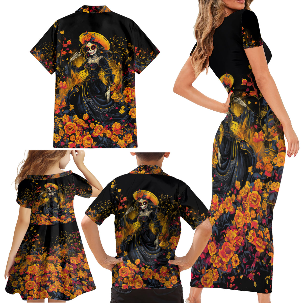 Day of Dead Lady Family Matching Short Sleeve Bodycon Dress and Hawaiian Shirt Sugar Skull Field Marigold Lady - Wonder Print Shop