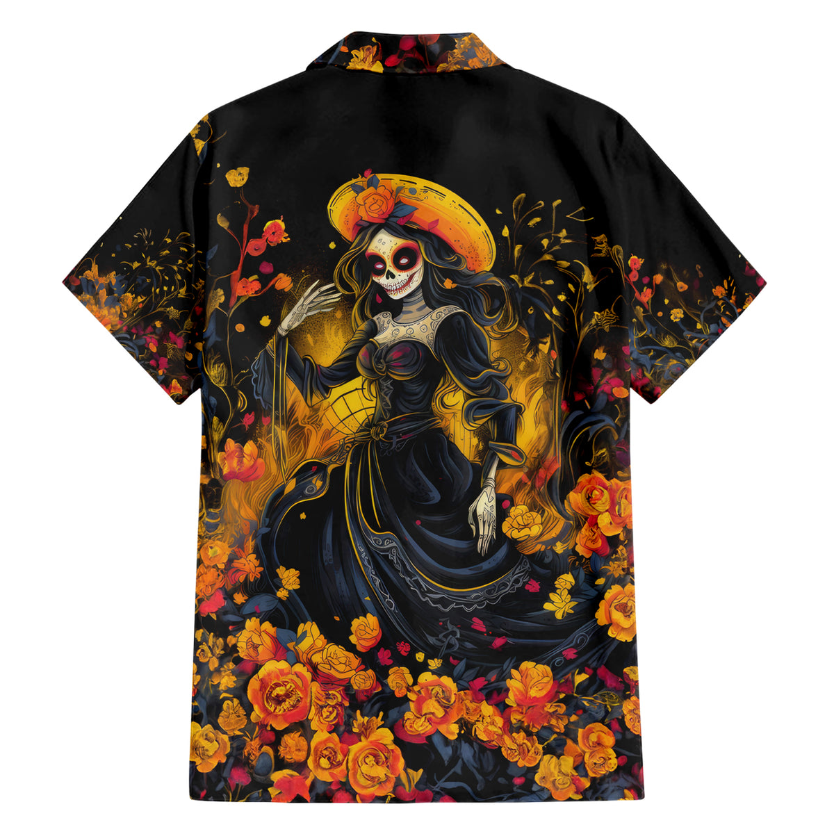 Day of Dead Lady Family Matching Short Sleeve Bodycon Dress and Hawaiian Shirt Sugar Skull Field Marigold Lady - Wonder Print Shop
