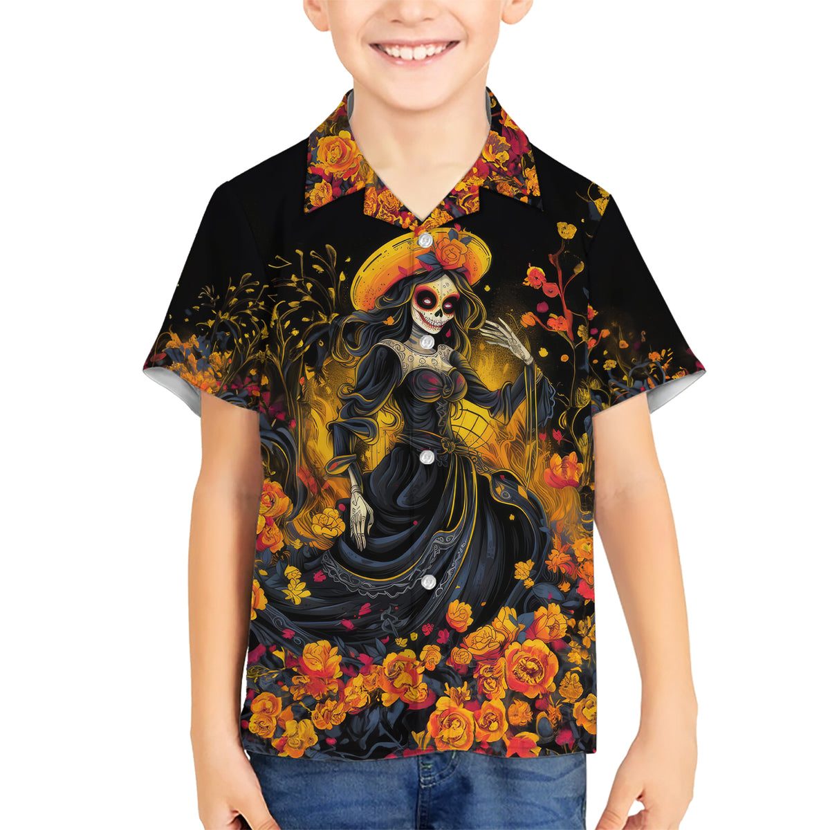 Day of Dead Lady Family Matching Short Sleeve Bodycon Dress and Hawaiian Shirt Sugar Skull Field Marigold Lady - Wonder Print Shop