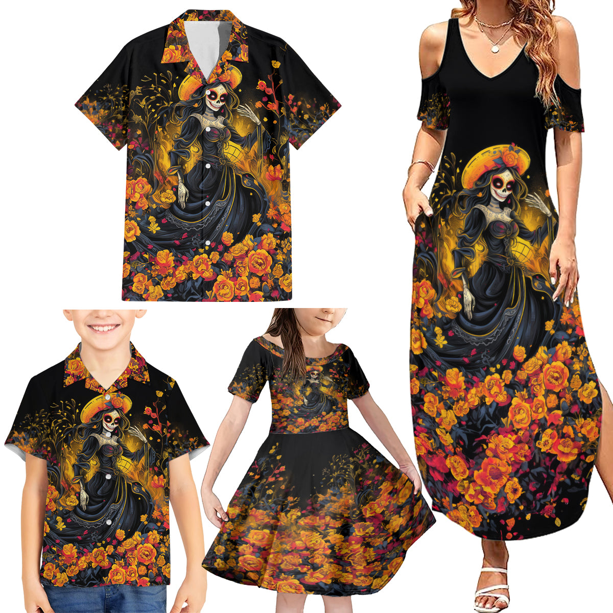 Day of Dead Lady Family Matching Summer Maxi Dress and Hawaiian Shirt Sugar Skull Field Marigold Lady - Wonder Print Shop
