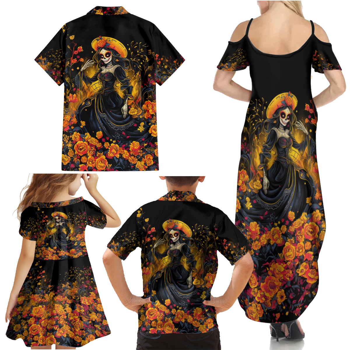 Day of Dead Lady Family Matching Summer Maxi Dress and Hawaiian Shirt Sugar Skull Field Marigold Lady - Wonder Print Shop