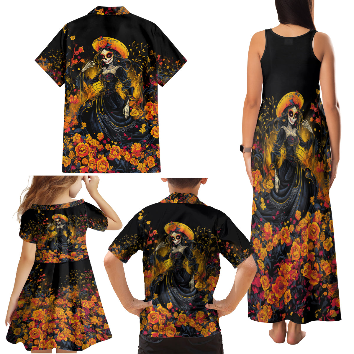Day of Dead Lady Family Matching Tank Maxi Dress and Hawaiian Shirt Sugar Skull Field Marigold Lady - Wonder Print Shop