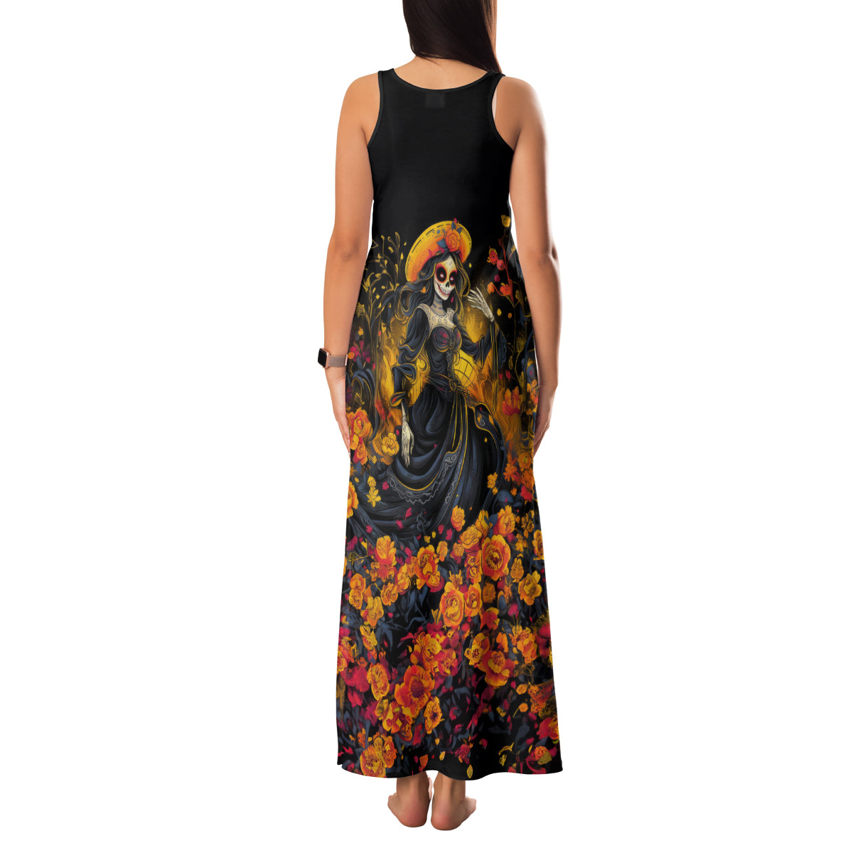 Day of Dead Lady Family Matching Tank Maxi Dress and Hawaiian Shirt Sugar Skull Field Marigold Lady - Wonder Print Shop