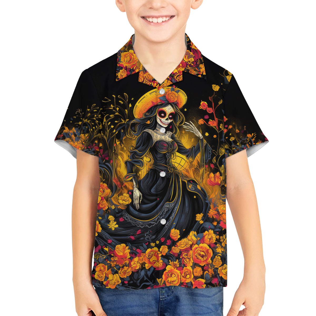 Day of Dead Lady Family Matching Tank Maxi Dress and Hawaiian Shirt Sugar Skull Field Marigold Lady - Wonder Print Shop