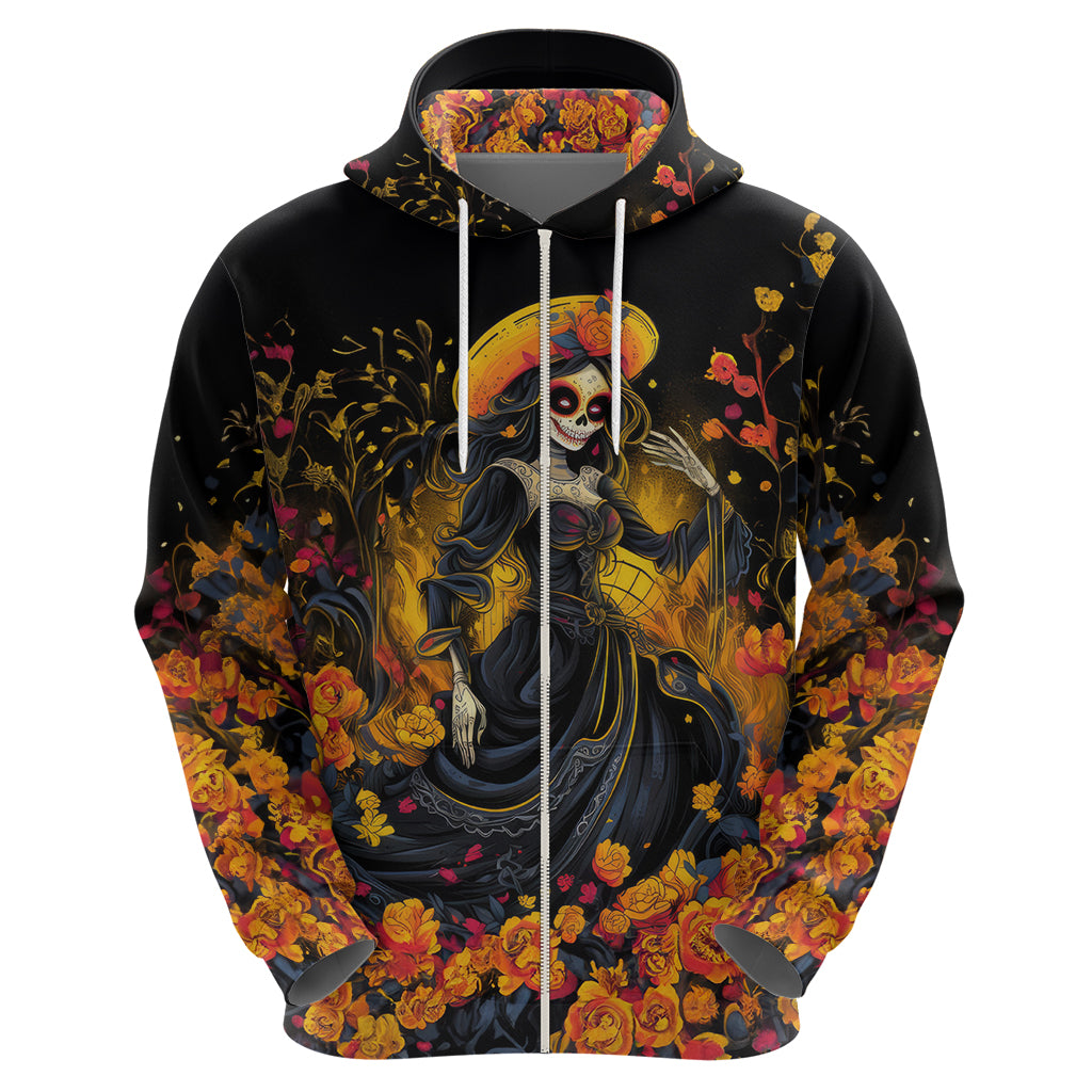 Day of Dead Lady Hoodie Sugar Skull Field Marigold Lady - Wonder Print Shop