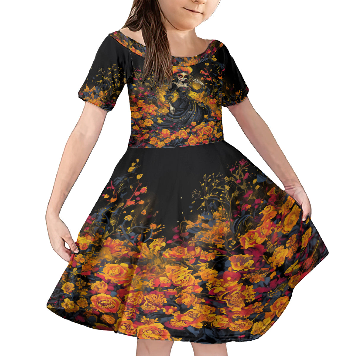 Day of Dead Lady Kid Short Sleeve Dress Sugar Skull Field Marigold Lady - Wonder Print Shop