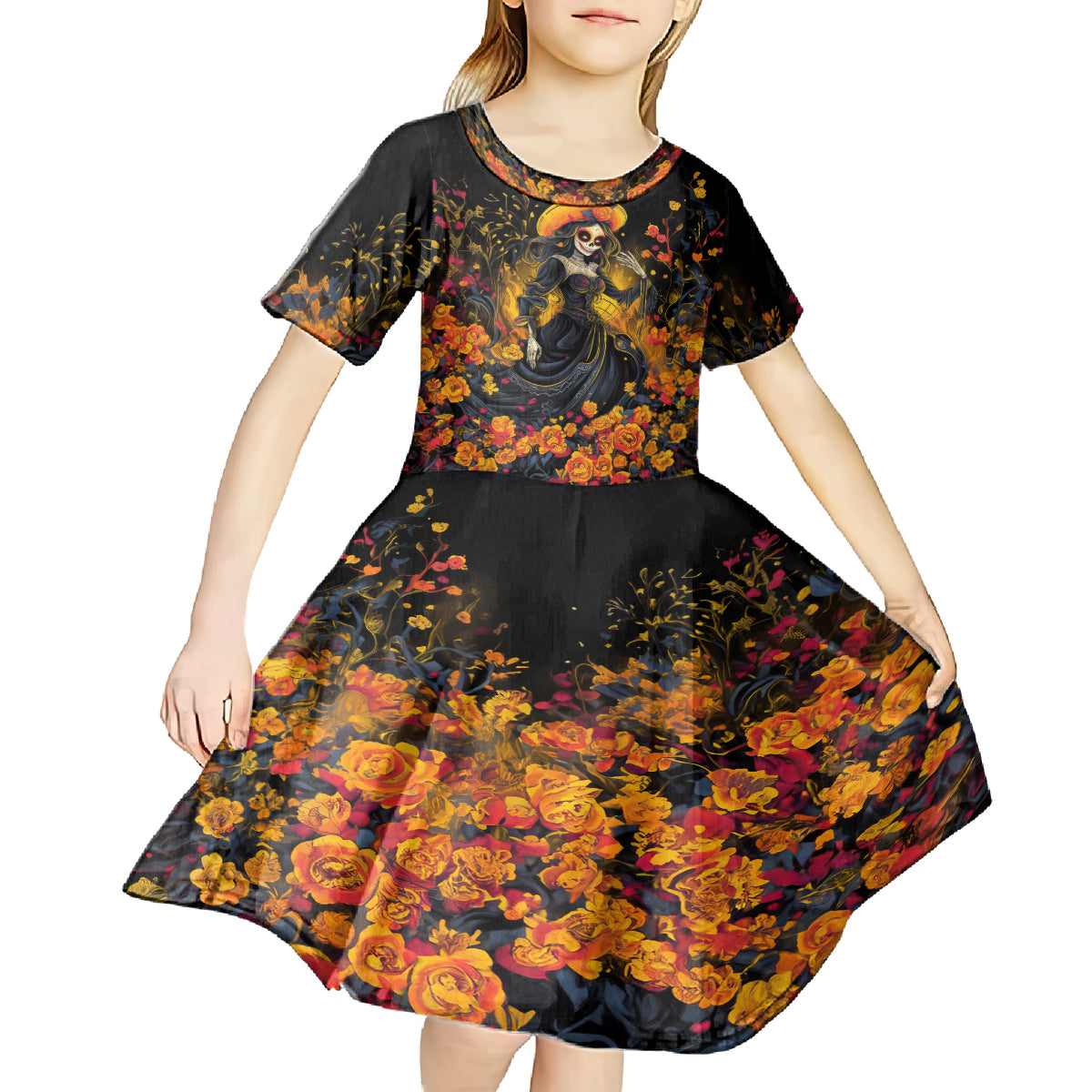 Day of Dead Lady Kid Short Sleeve Dress Sugar Skull Field Marigold Lady - Wonder Print Shop
