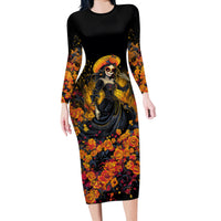 Day of Dead Lady Long Sleeve Bodycon Dress Sugar Skull Field Marigold Lady - Wonder Print Shop
