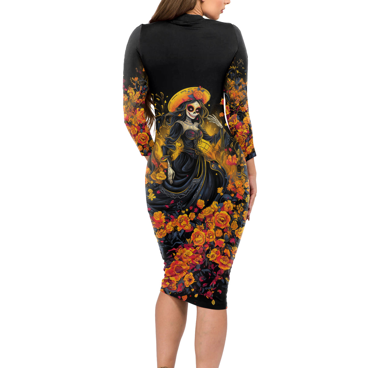Day of Dead Lady Long Sleeve Bodycon Dress Sugar Skull Field Marigold Lady - Wonder Print Shop