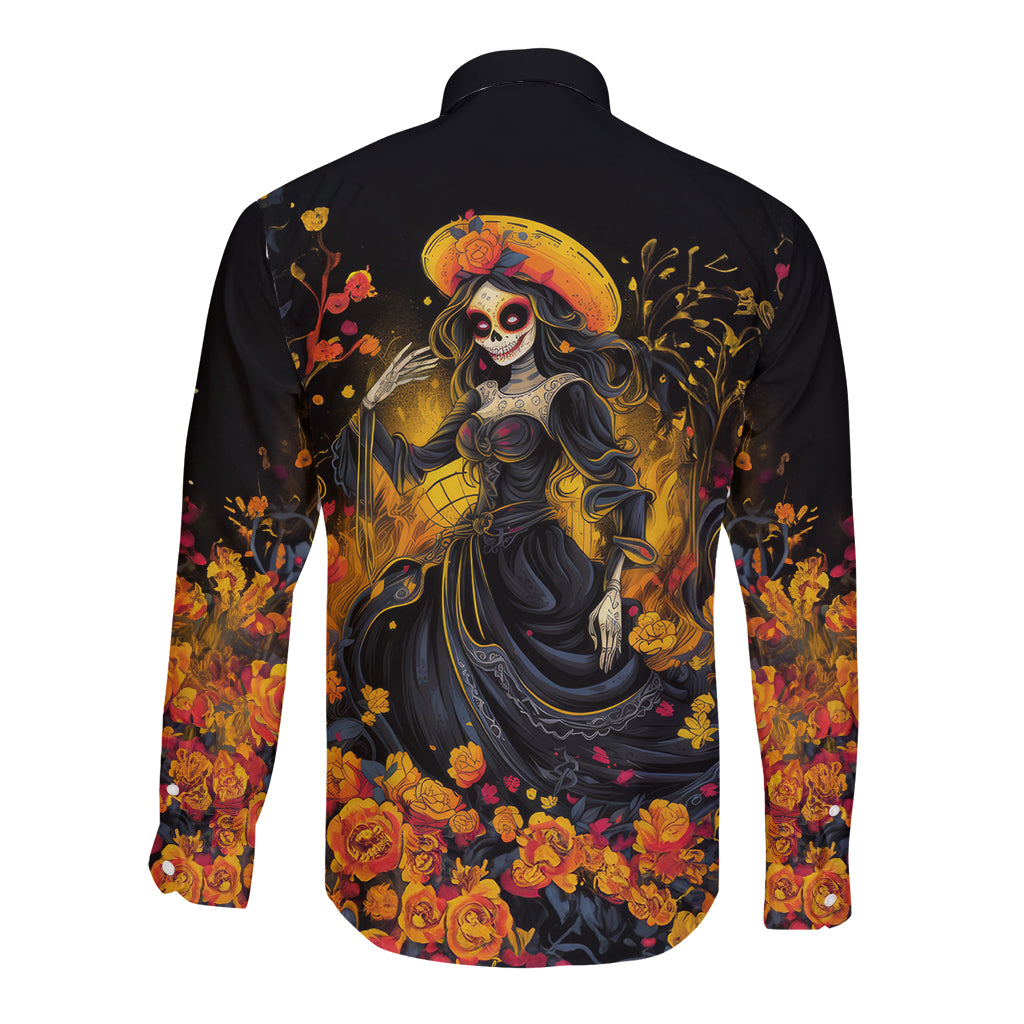 Day of Dead Lady Long Sleeve Button Shirt Sugar Skull Field Marigold Lady - Wonder Print Shop