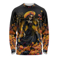 Day of Dead Lady Long Sleeve Shirt Sugar Skull Field Marigold Lady - Wonder Print Shop