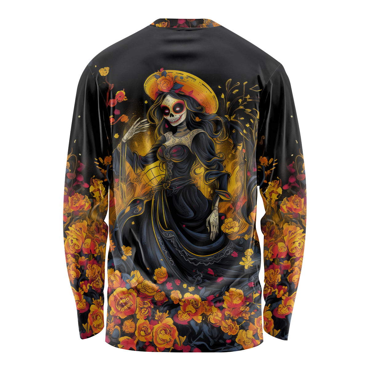 Day of Dead Lady Long Sleeve Shirt Sugar Skull Field Marigold Lady - Wonder Print Shop