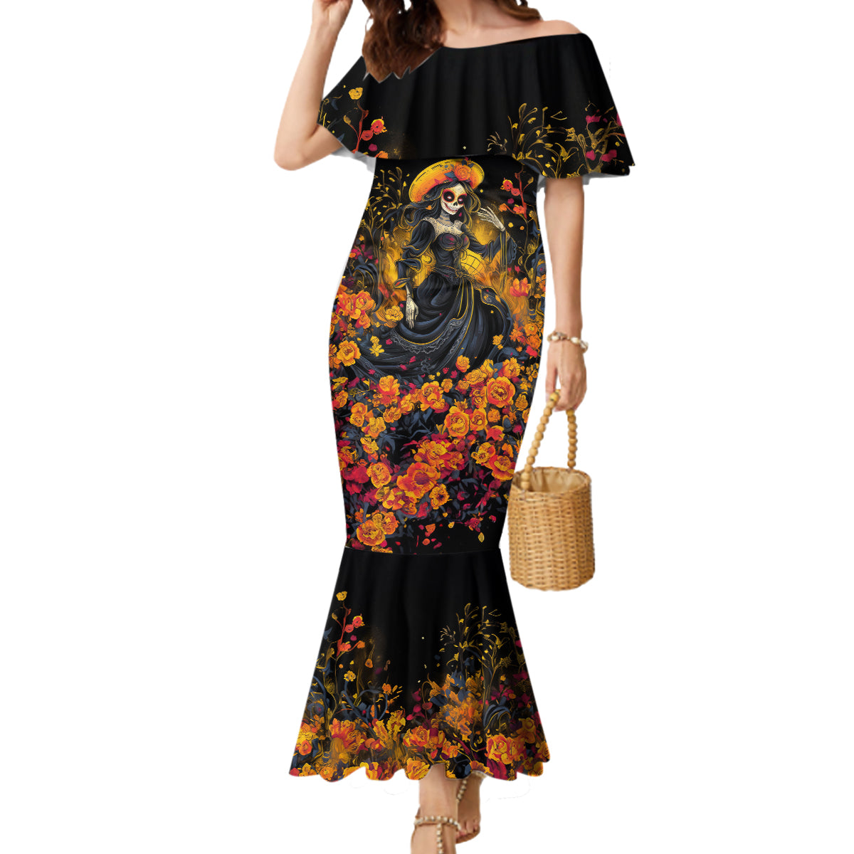 Day of Dead Lady Mermaid Dress Sugar Skull Field Marigold Lady - Wonder Print Shop