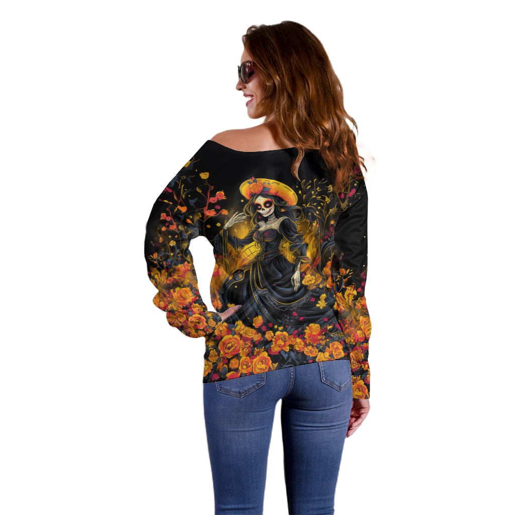 Day of Dead Lady Off Shoulder Sweater Sugar Skull Field Marigold Lady - Wonder Print Shop