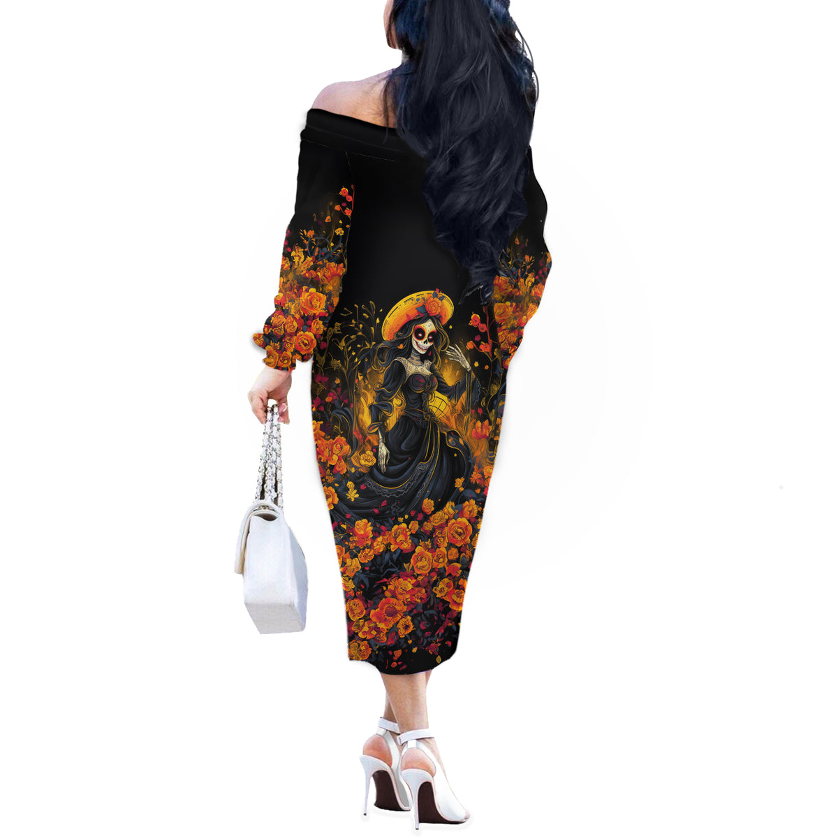Day of Dead Lady Off The Shoulder Long Sleeve Dress Sugar Skull Field Marigold Lady - Wonder Print Shop
