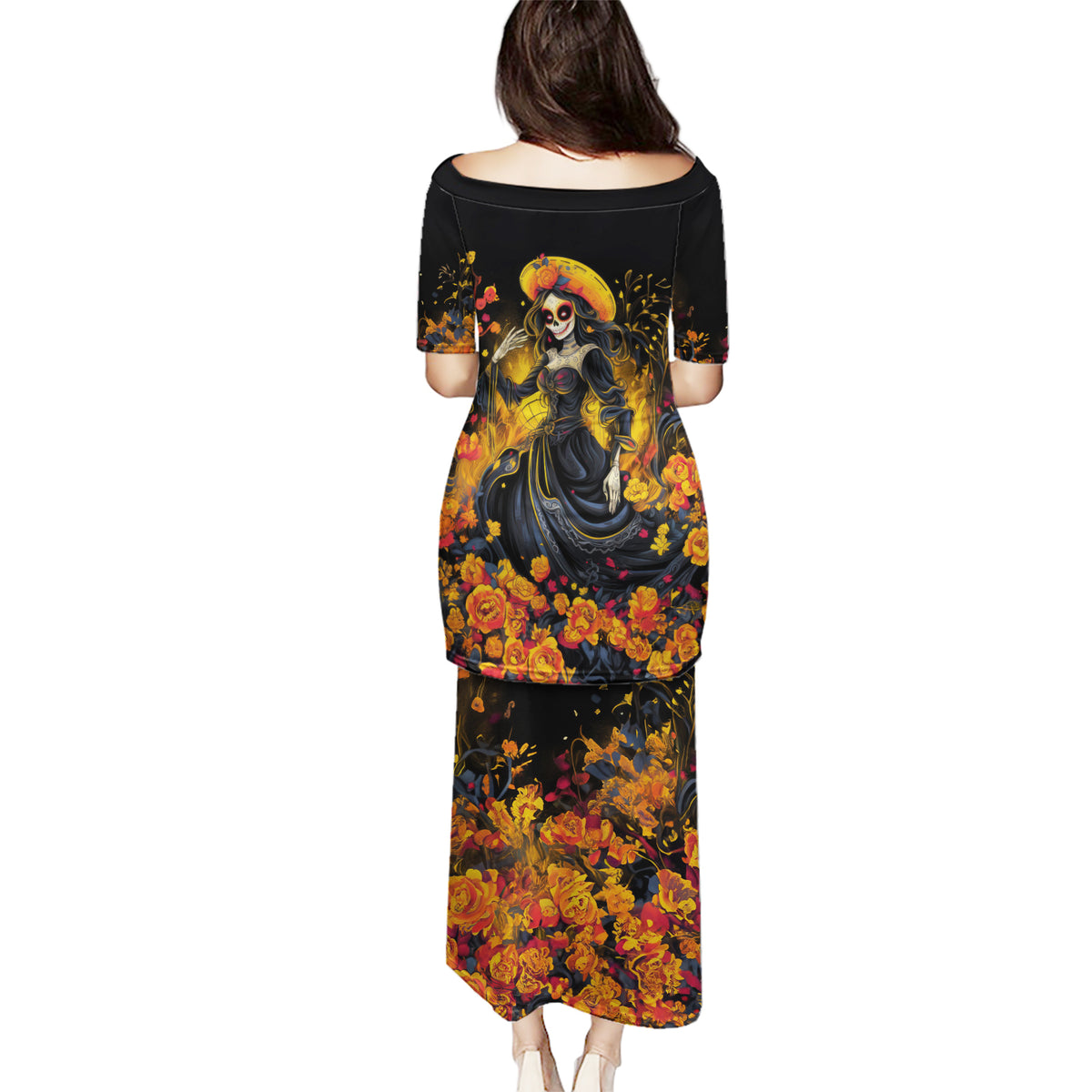 Day of Dead Lady Puletasi Sugar Skull Field Marigold Lady - Wonder Print Shop