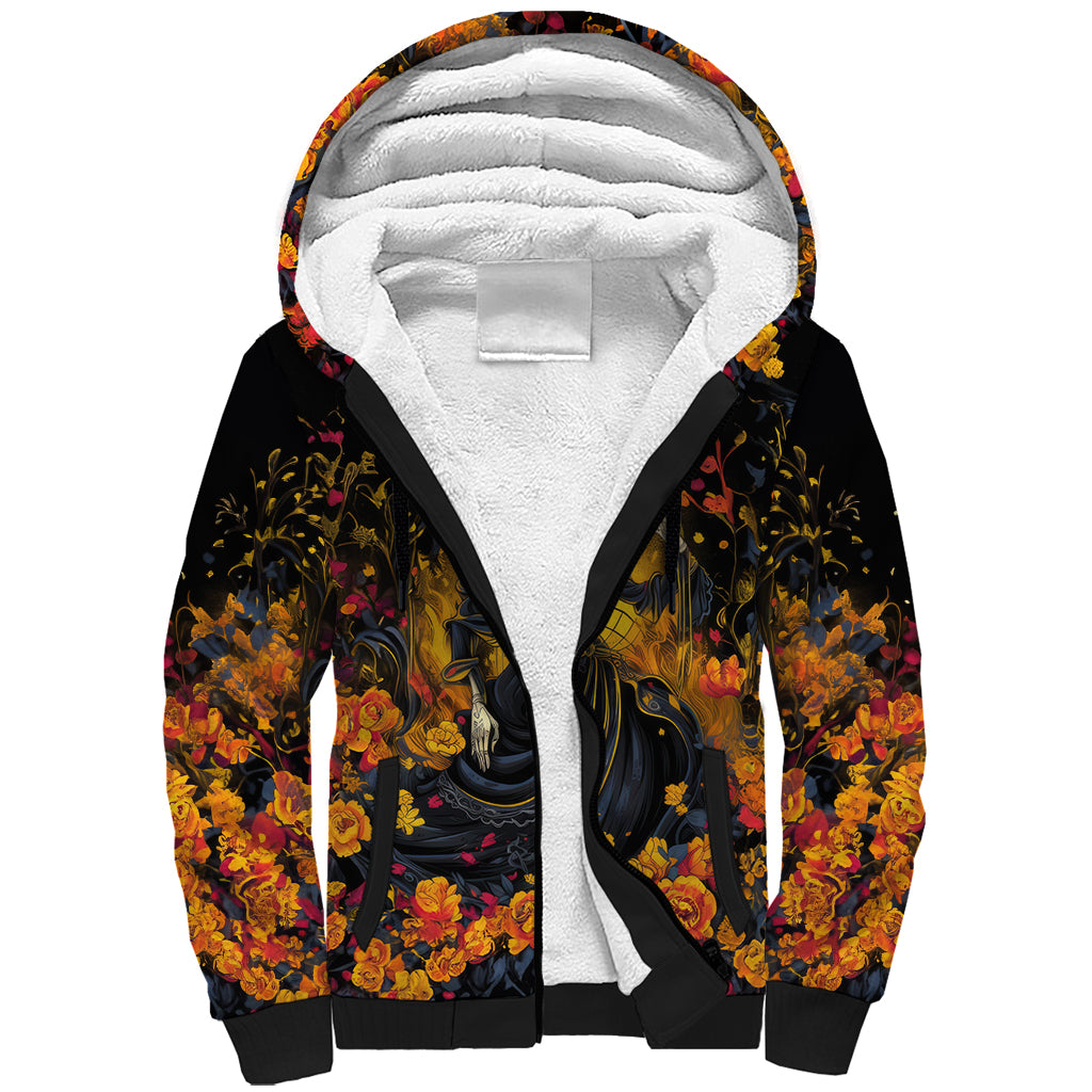 Day of Dead Lady Sherpa Hoodie Sugar Skull Field Marigold Lady - Wonder Print Shop