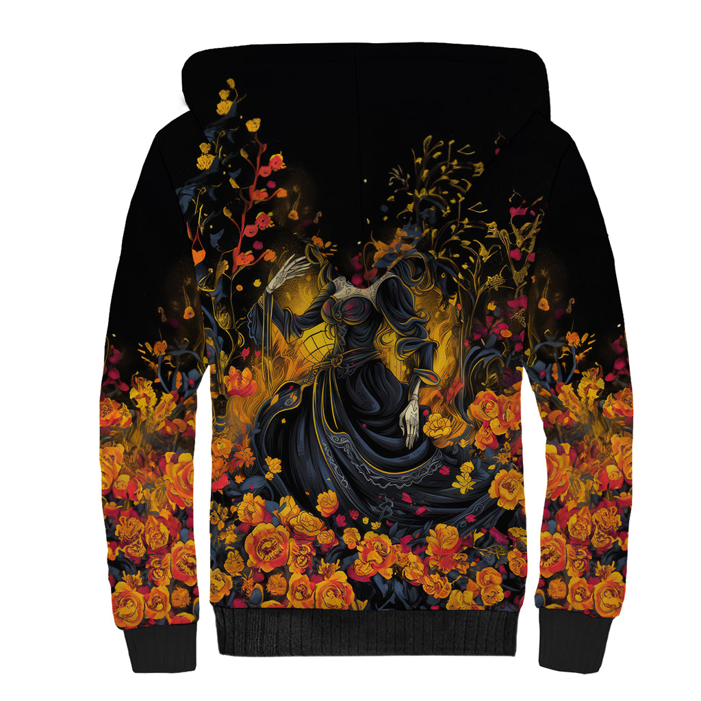 Day of Dead Lady Sherpa Hoodie Sugar Skull Field Marigold Lady - Wonder Print Shop