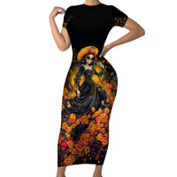Day of Dead Lady Short Sleeve Bodycon Dress Sugar Skull Field Marigold Lady - Wonder Print Shop