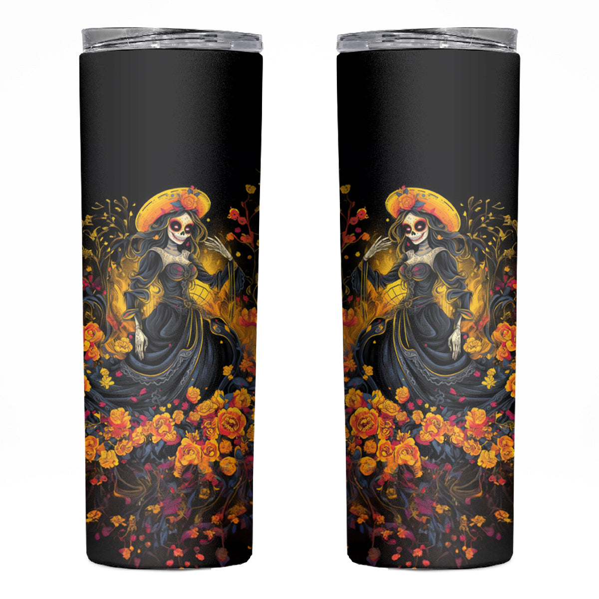 Day of Dead Lady Skinny Tumbler Sugar Skull Field Marigold Lady - Wonder Print Shop