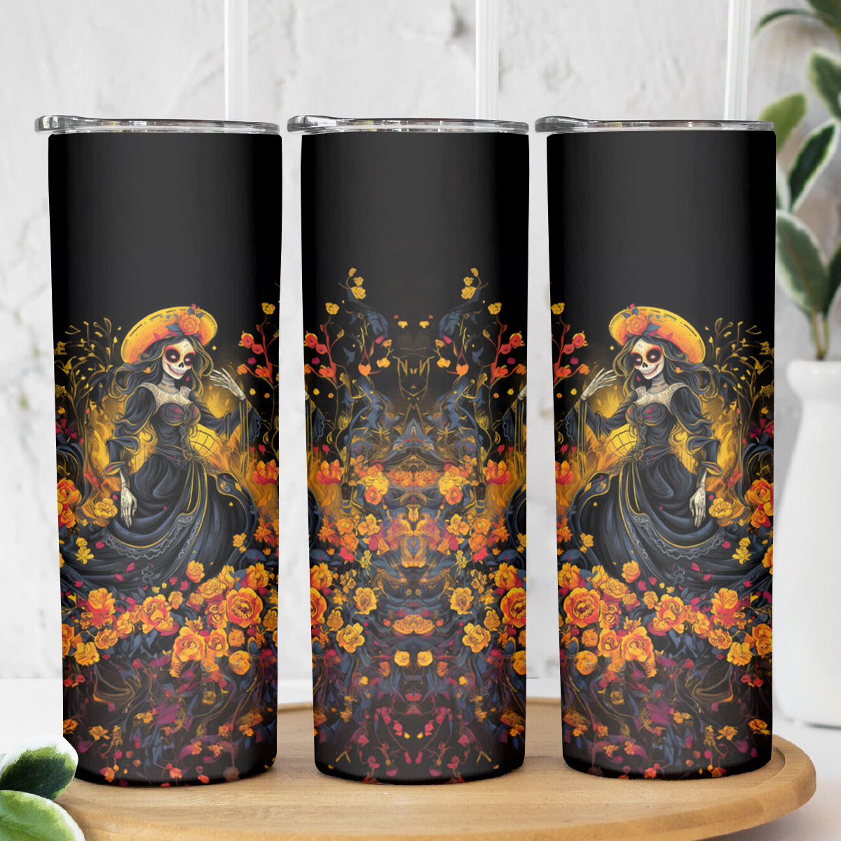 Day of Dead Lady Skinny Tumbler Sugar Skull Field Marigold Lady - Wonder Print Shop