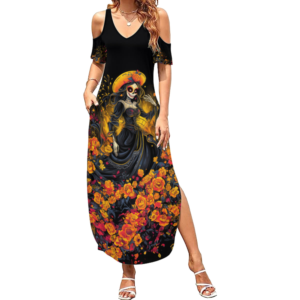 Day of Dead Lady Summer Maxi Dress Sugar Skull Field Marigold Lady - Wonder Print Shop