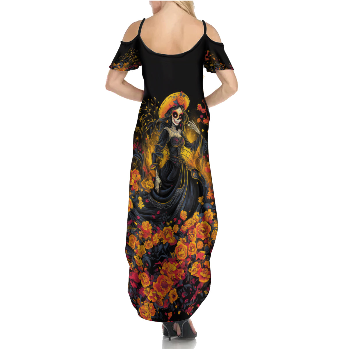 Day of Dead Lady Summer Maxi Dress Sugar Skull Field Marigold Lady - Wonder Print Shop