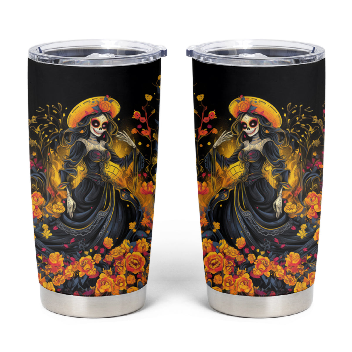 Day of Dead Lady Tumbler Cup Sugar Skull Field Marigold Lady - Wonder Print Shop