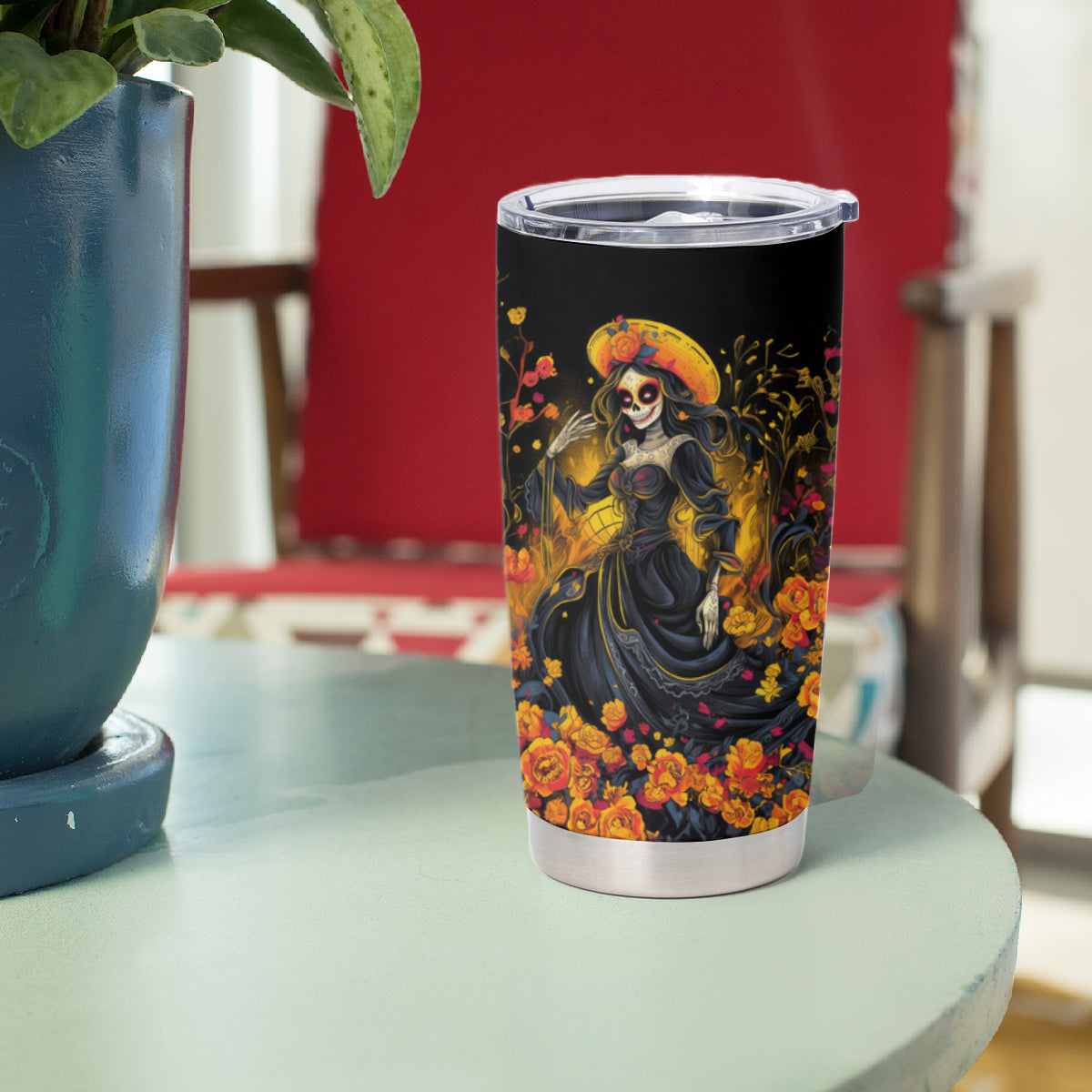 Day of Dead Lady Tumbler Cup Sugar Skull Field Marigold Lady - Wonder Print Shop