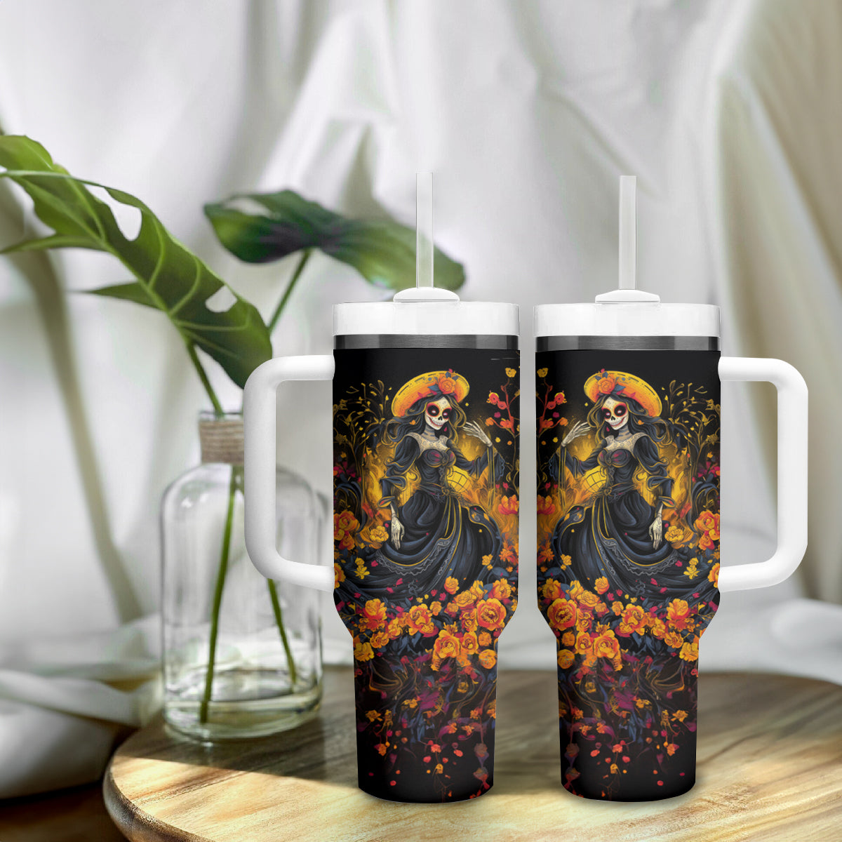 Day of Dead Lady Tumbler With Handle Sugar Skull Field Marigold Lady - Wonder Print Shop
