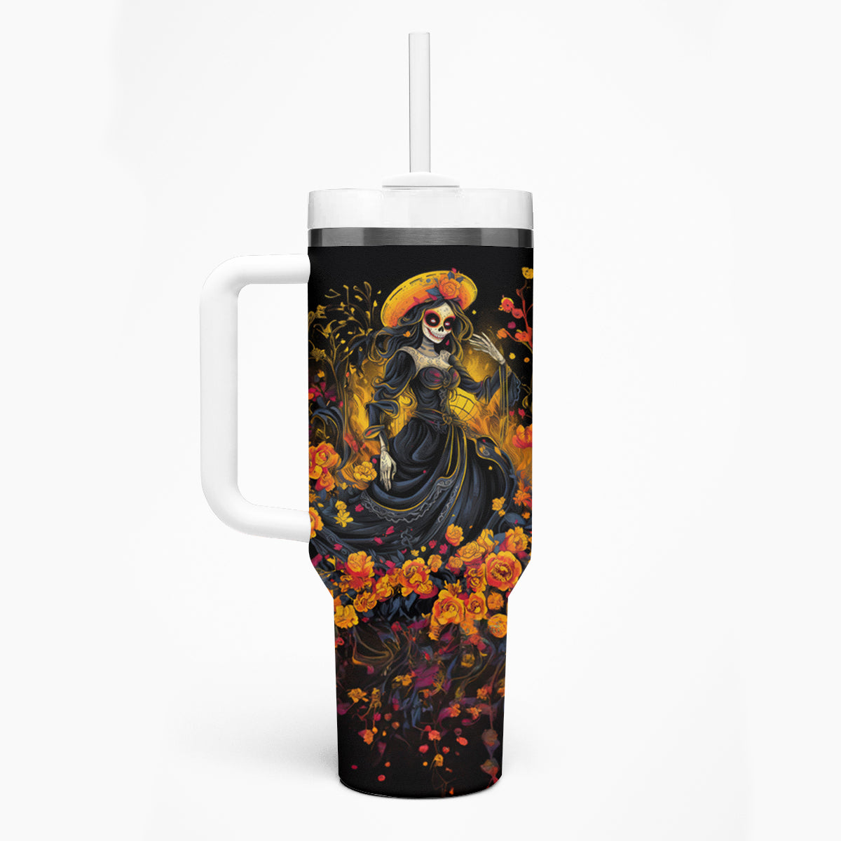 Day of Dead Lady Tumbler With Handle Sugar Skull Field Marigold Lady - Wonder Print Shop