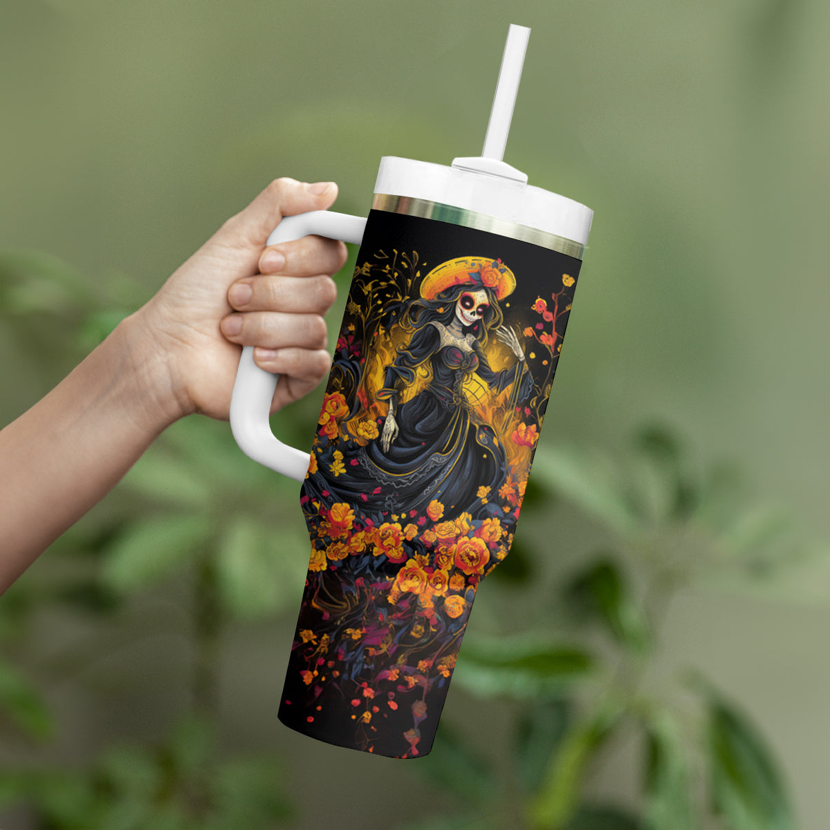 Day of Dead Lady Tumbler With Handle Sugar Skull Field Marigold Lady - Wonder Print Shop