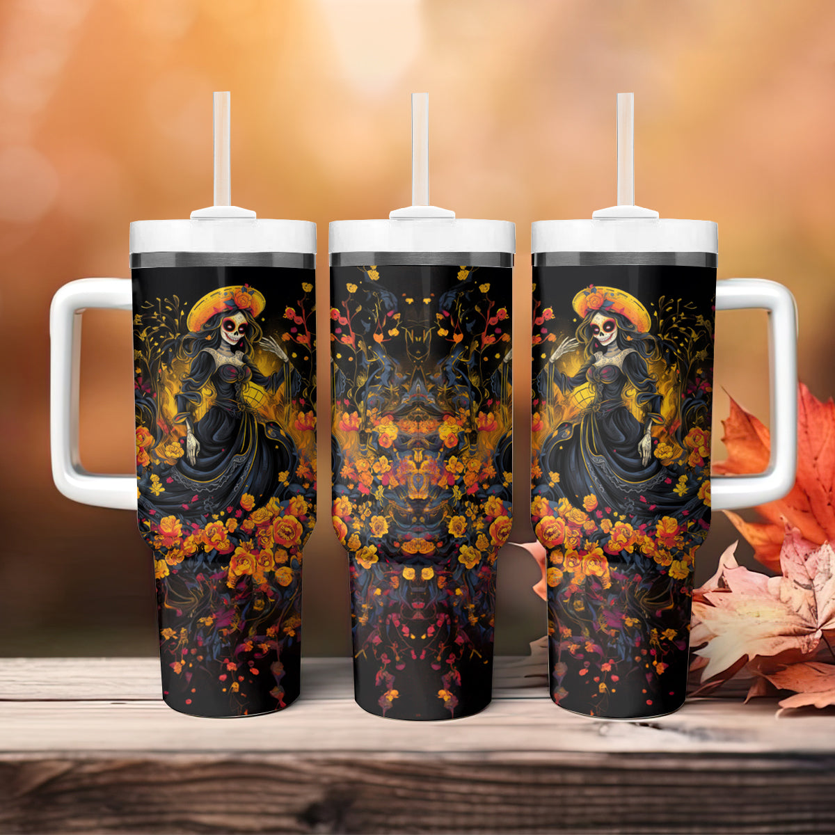 Day of Dead Lady Tumbler With Handle Sugar Skull Field Marigold Lady - Wonder Print Shop