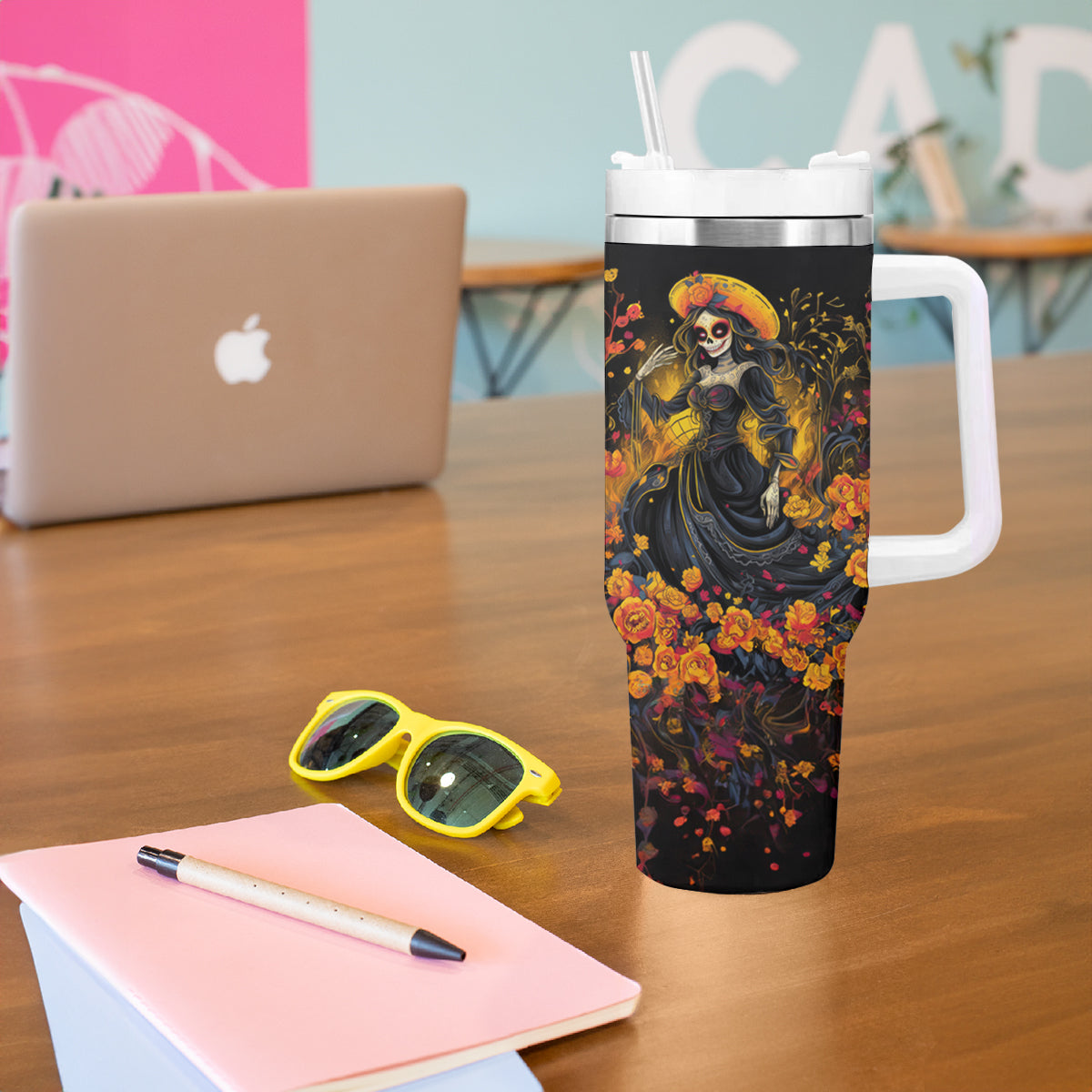 Day of Dead Lady Tumbler With Handle Sugar Skull Field Marigold Lady - Wonder Print Shop