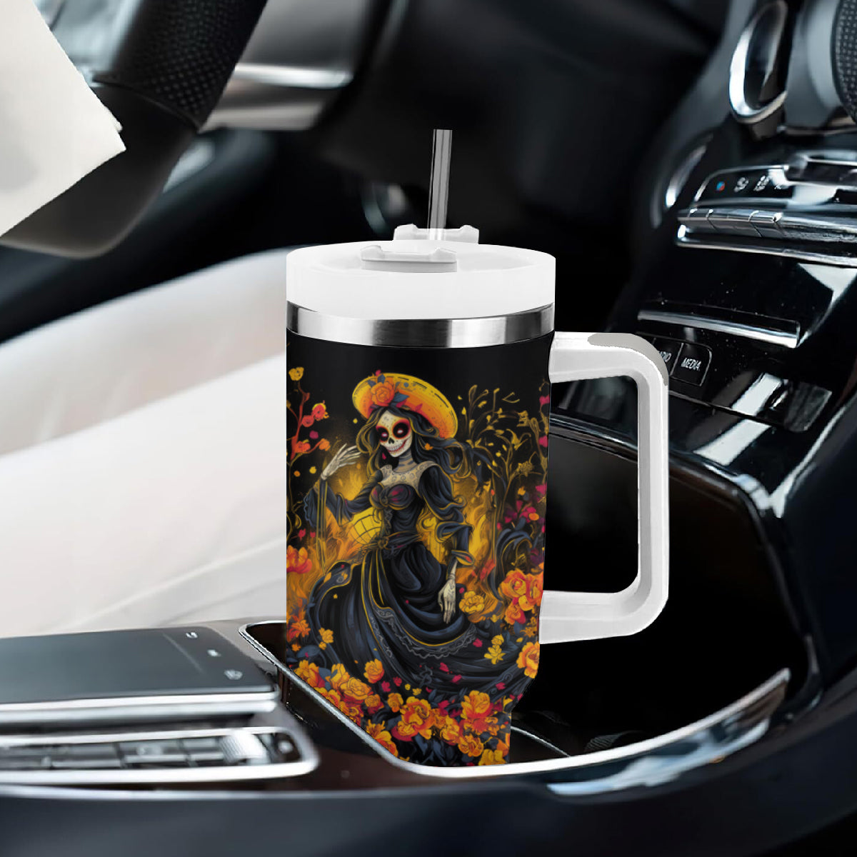 Day of Dead Lady Tumbler With Handle Sugar Skull Field Marigold Lady - Wonder Print Shop