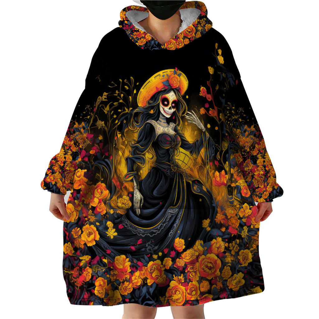 Day of Dead Lady Wearable Blanket Hoodie Sugar Skull Field Marigold Lady - Wonder Print Shop