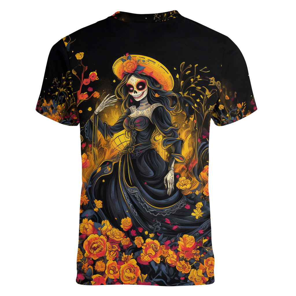 Day of Dead Lady Women V Neck T Shirt Sugar Skull Field Marigold Lady - Wonder Print Shop
